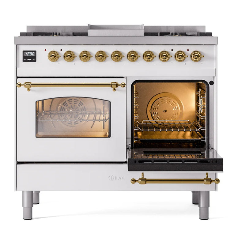 ILVE Nostalgie II 40" Dual Fuel Freestanding Range in White with Brass Trim, UPD40FNMPWHGLP