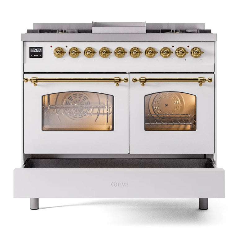 ILVE Nostalgie II 40" Dual Fuel Freestanding Range in White with Brass Trim, UPD40FNMPWHGLP