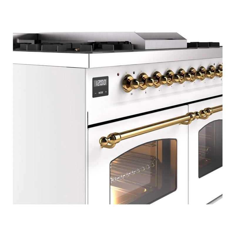 ILVE Nostalgie II 40" Dual Fuel Freestanding Range in White with Brass Trim, UPD40FNMPWHGLP