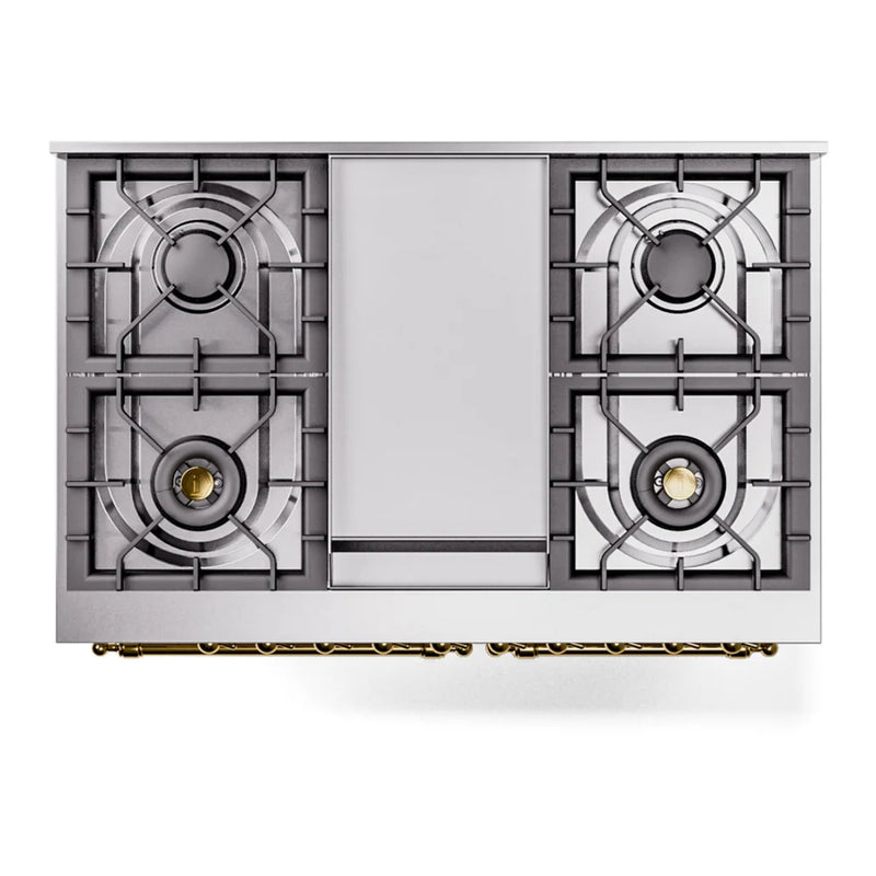 ILVE Nostalgie II 40" Dual Fuel Freestanding Range in White with Brass Trim, UPD40FNMPWHGLP