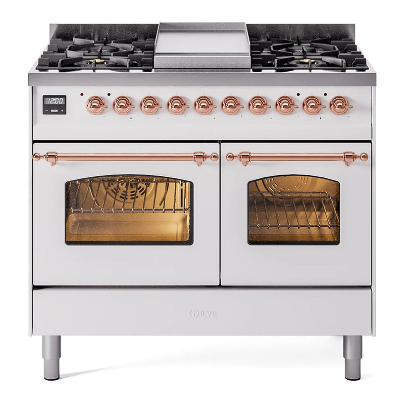 ILVE Nostalgie II 40" Dual Fuel Freestanding Range in White with Copper Trim, UPD40FNMPWHPLP