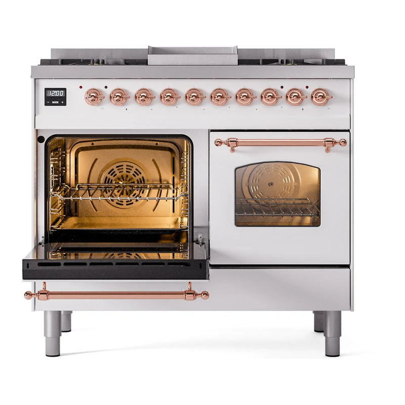 ILVE Nostalgie II 40" Dual Fuel Freestanding Range in White with Copper Trim, UPD40FNMPWHPLP