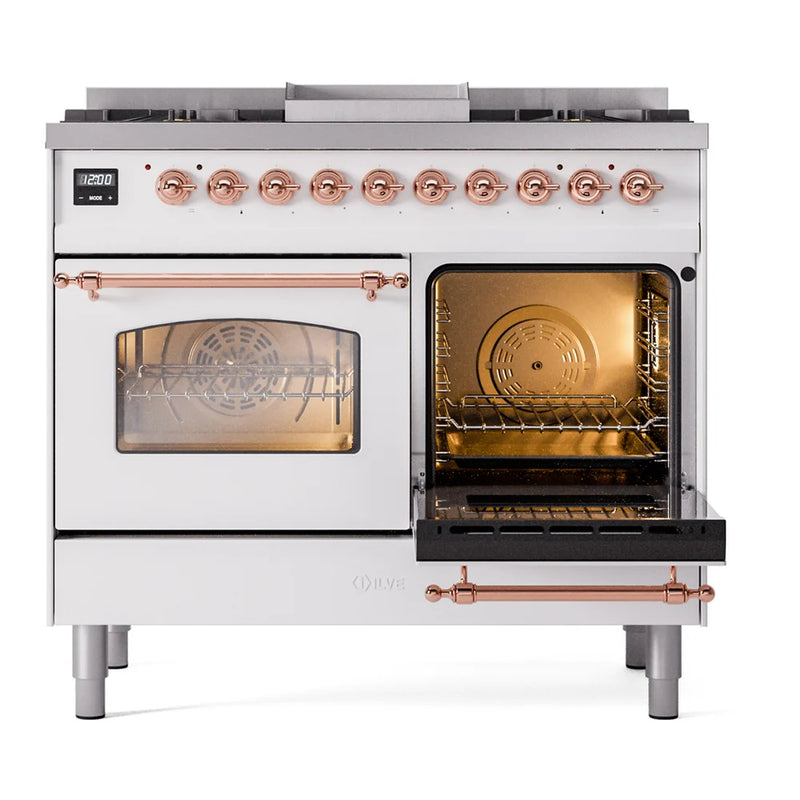 ILVE Nostalgie II 40" Dual Fuel Freestanding Range in White with Copper Trim, UPD40FNMPWHPLP