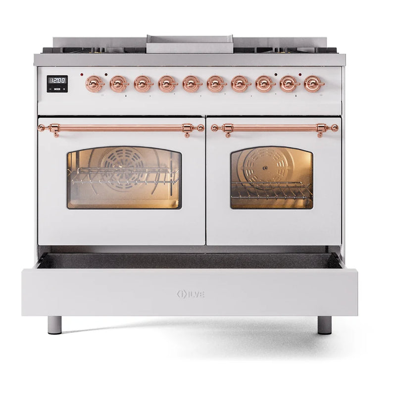 ILVE Nostalgie II 40" Dual Fuel Freestanding Range in White with Copper Trim, UPD40FNMPWHPLP