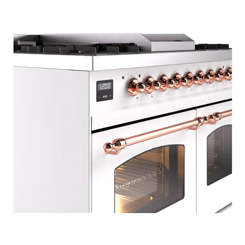ILVE Nostalgie II 40" Dual Fuel Freestanding Range in White with Copper Trim, UPD40FNMPWHPLP
