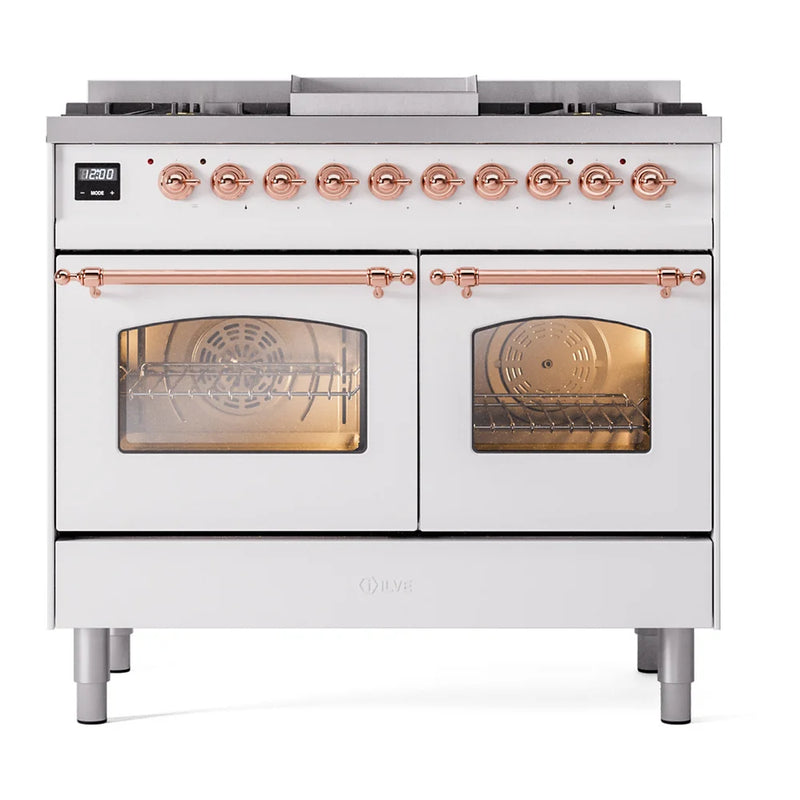 ILVE Nostalgie II 40" Dual Fuel Freestanding Range in White with Copper Trim, UPD40FNMPWHP