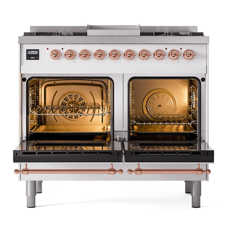 ILVE Nostalgie II 40" Dual Fuel Freestanding Range in White with Copper Trim, UPD40FNMPWHP