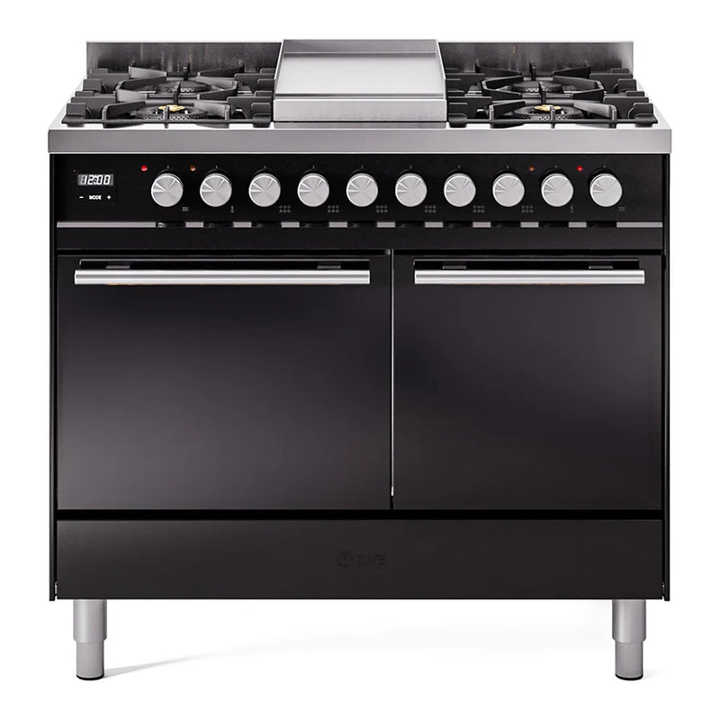 ILVE Professional Plus II 40" Dual Fuel Freestanding Range in Glossy Black with Stainless Steel Trim, UPD40FQMPBKLP