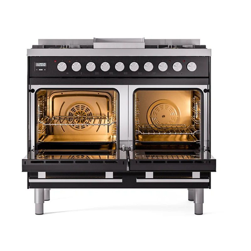 ILVE Professional Plus II 40" Dual Fuel Freestanding Range in Glossy Black with Stainless Steel Trim, UPD40FQMPBKLP