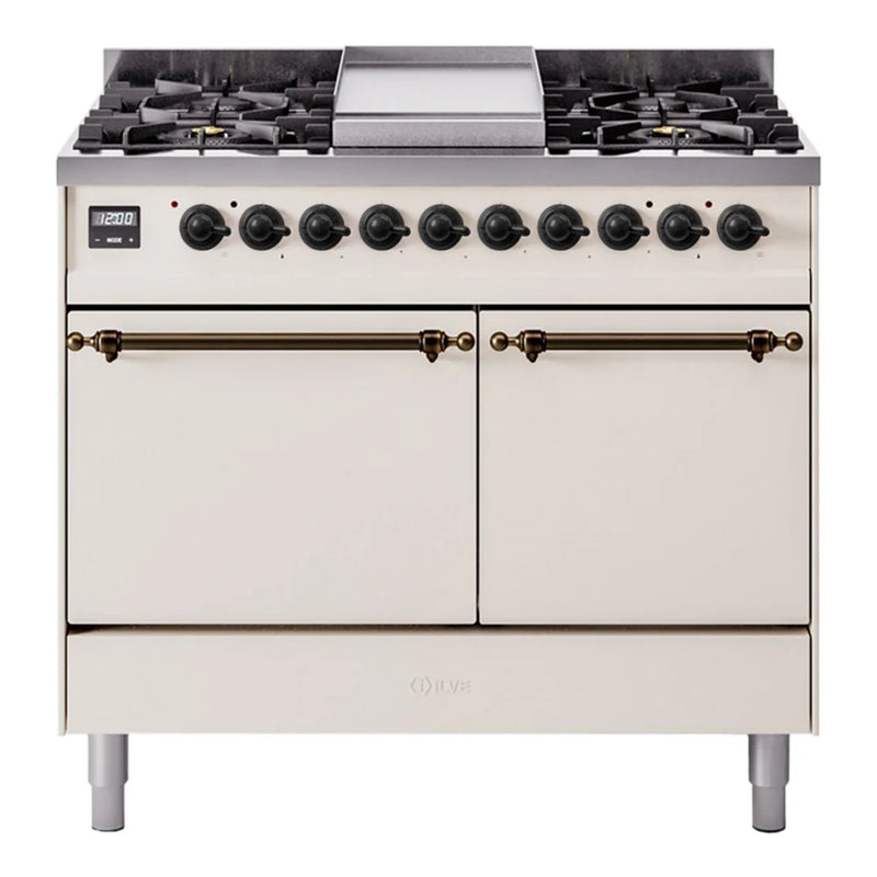 ILVE Nostalgie II 40" Dual Fuel Freestanding Range in Antique White with Burnished Trim, UPD40FQNMPAWBLP