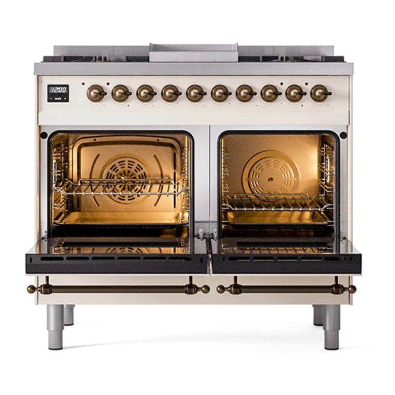 ILVE Nostalgie II 40" Dual Fuel Freestanding Range in Antique White with Burnished Trim, UPD40FQNMPAWB