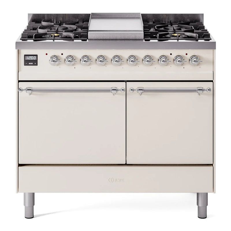 ILVE Nostalgie II 40" Dual Fuel Freestanding Range in Antique White with Chrome Trim, UPD40FQNMPAWCLP