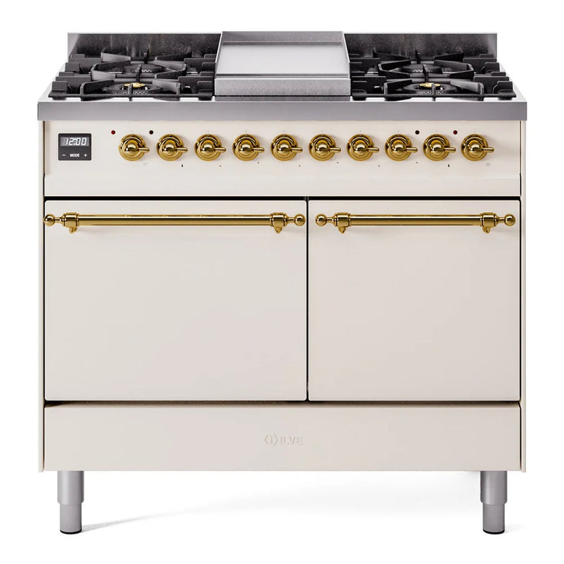 ILVE Nostalgie II 40" Dual Fuel Freestanding Range in Antique White with Brass Trim, UPD40FQNMPAWGLP