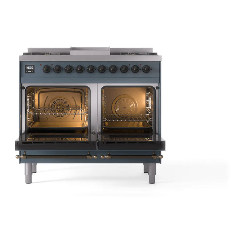 ILVE Nostalgie II 40" Dual Fuel Freestanding Range in Blue Grey with Burnished Trim, UPD40FQNMPBGBLP