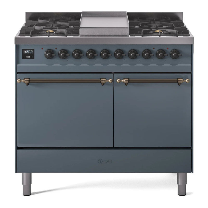 ILVE Nostalgie II 40" Dual Fuel Freestanding Range in Blue Grey with Burnished Trim, UPD40FQNMPBGB