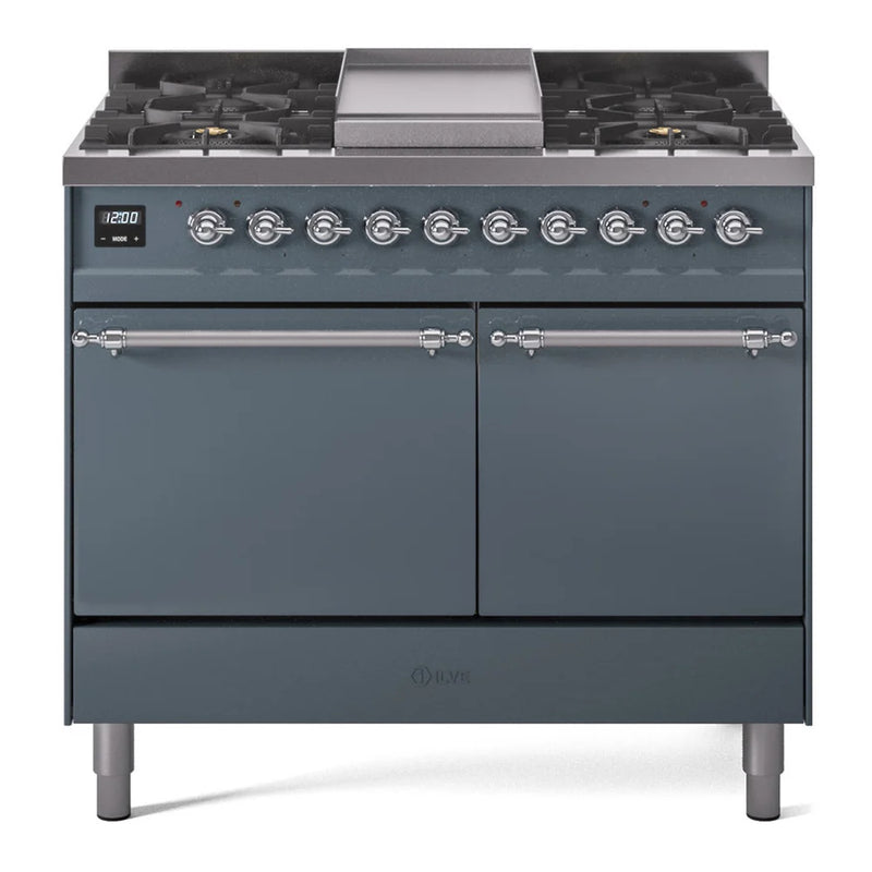 ILVE Nostalgie II 40" Dual Fuel Freestanding Range in Blue Grey with Chrome Trim, UPD40FQNMPBGCLP