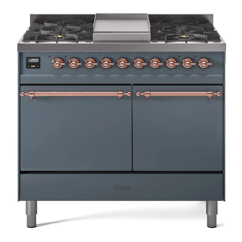 ILVE Nostalgie II 40" Dual Fuel Freestanding Range in Blue Grey with Copper Trim, UPD40FQNMPBGP