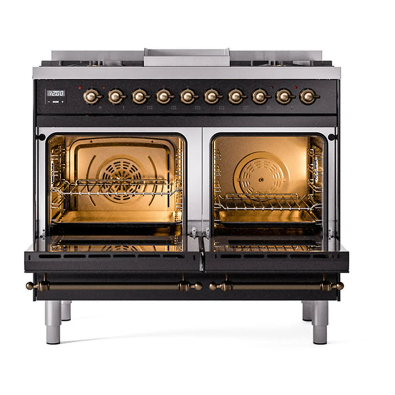 ILVE Nostalgie II 40" Dual Fuel Freestanding Range in Glossy Black with Burnished Trim, UPD40FQNMPBKBLP