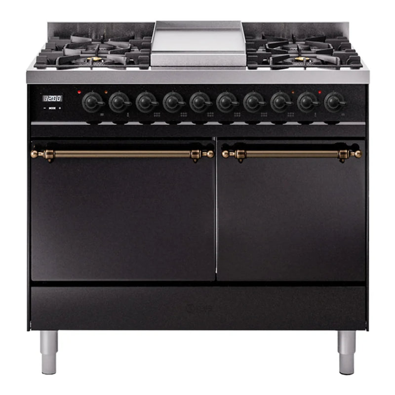 ILVE Nostalgie II 40" Dual Fuel Freestanding Range in Glossy Black with Burnished Trim, UPD40FQNMPBKB
