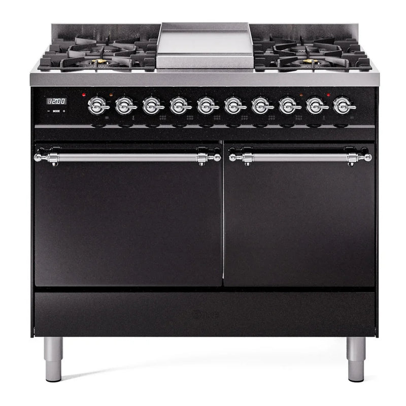 ILVE Nostalgie II 40" Dual Fuel Freestanding Range in Glossy Black with Chrome Trim, UPD40FQNMPBKC