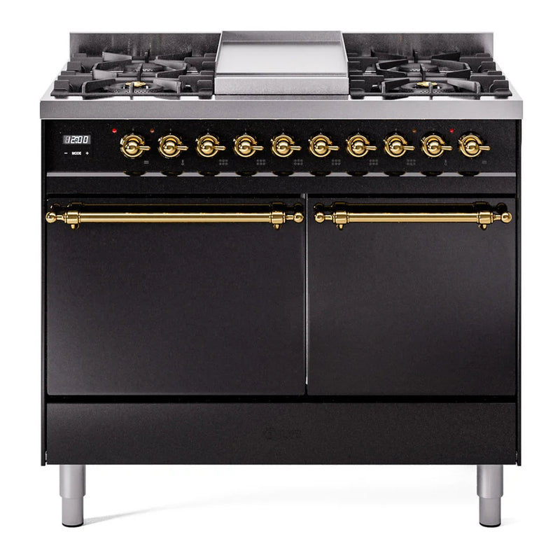 ILVE Nostalgie II 40" Dual Fuel Freestanding Range in Glossy Black with Brass Trim, UPD40FQNMPBKGLP