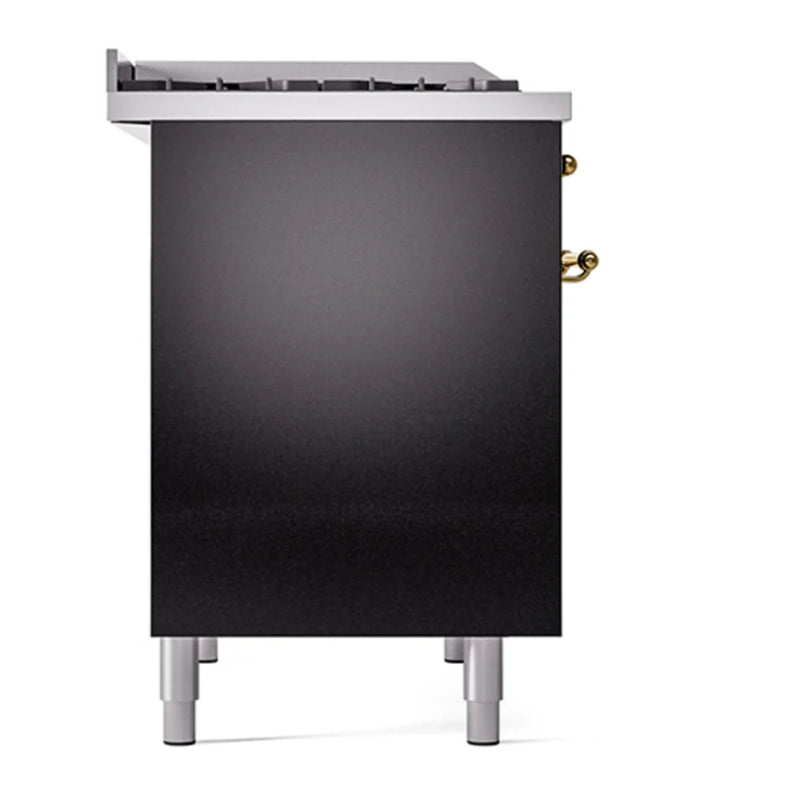 ILVE Nostalgie II 40" Dual Fuel Freestanding Range in Glossy Black with Brass Trim, UPD40FQNMPBKG