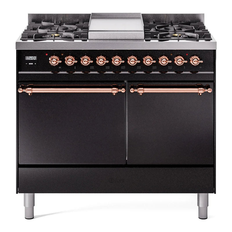 ILVE Nostalgie II 40" Dual Fuel Freestanding Range in Glossy Black with Copper Trim, UPD40FQNMPBKP