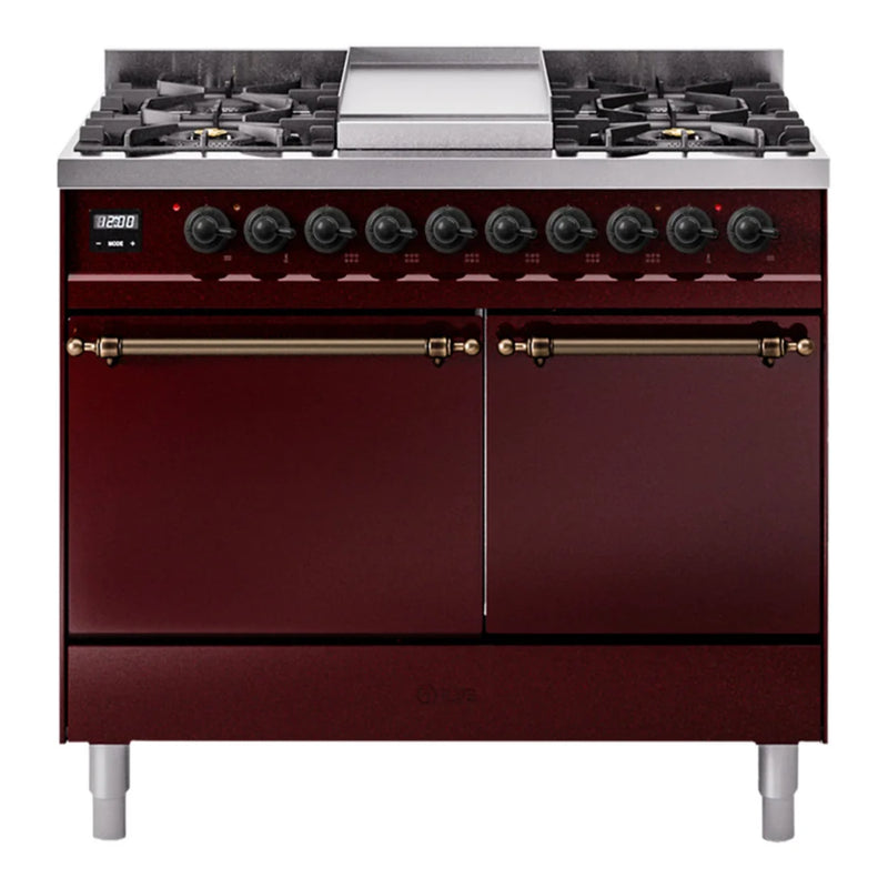 ILVE Nostalgie II 40" Dual Fuel Freestanding Range in Burgundy with Burnished Trim, UPD40FQNMPBUB
