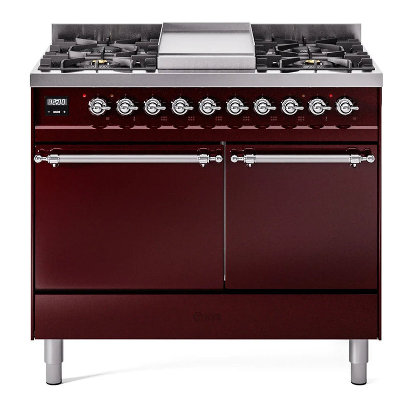 ILVE Nostalgie II 40" Dual Fuel Freestanding Range in Burgundy with Chrome Trim, UPD40FQNMPBUC