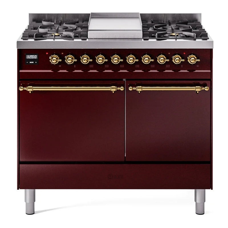 ILVE Nostalgie II 40" Dual Fuel Freestanding Range in Burgundy with Brass Trim, UPD40FQNMPBUGLP