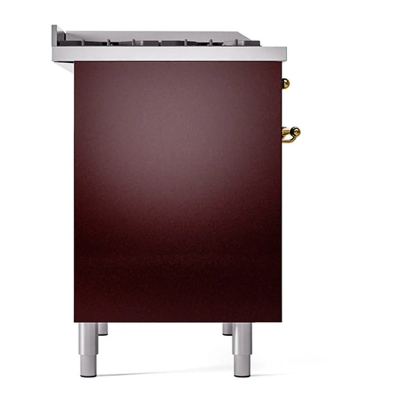 ILVE Nostalgie II 40" Dual Fuel Freestanding Range in Burgundy with Brass Trim, UPD40FQNMPBUGLP