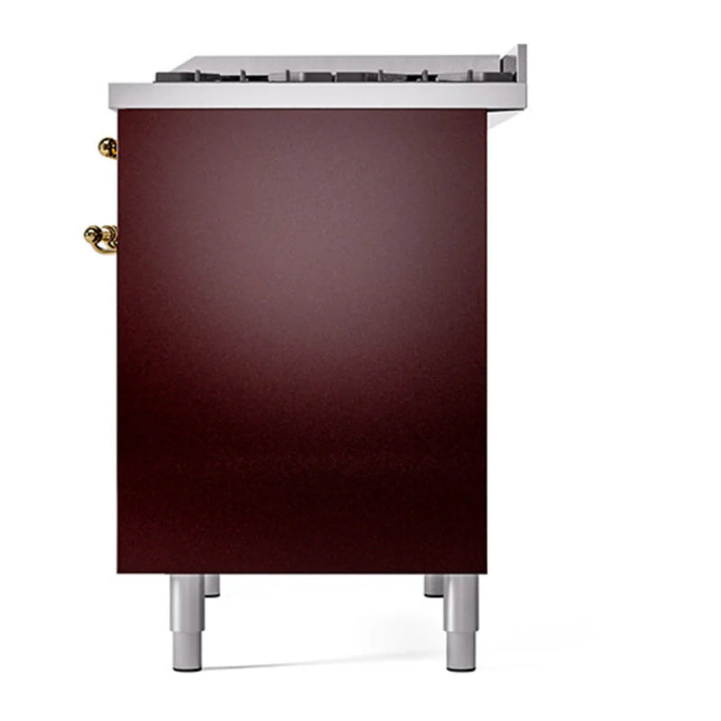 ILVE Nostalgie II 40" Dual Fuel Freestanding Range in Burgundy with Brass Trim, UPD40FQNMPBUGLP
