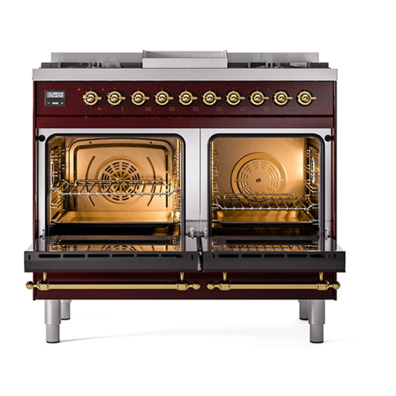 ILVE Nostalgie II 40" Dual Fuel Freestanding Range in Burgundy with Brass Trim, UPD40FQNMPBUG