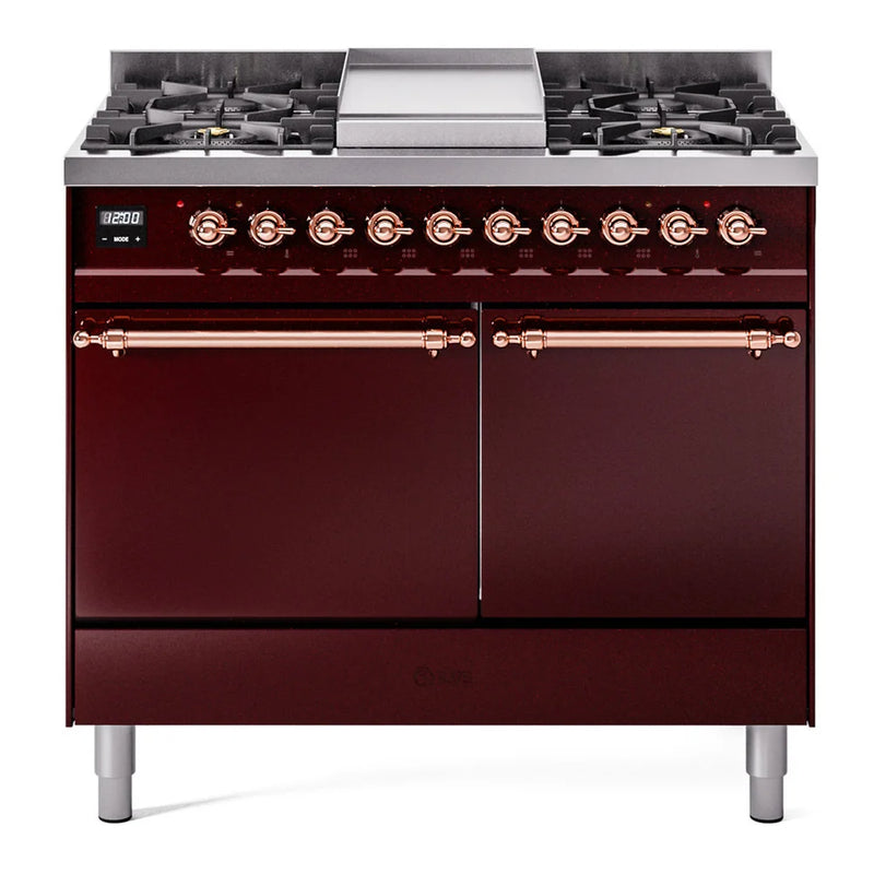 ILVE Nostalgie II 40" Dual Fuel Freestanding Range in Burgundy with Copper Trim, UPD40FQNMPBUP
