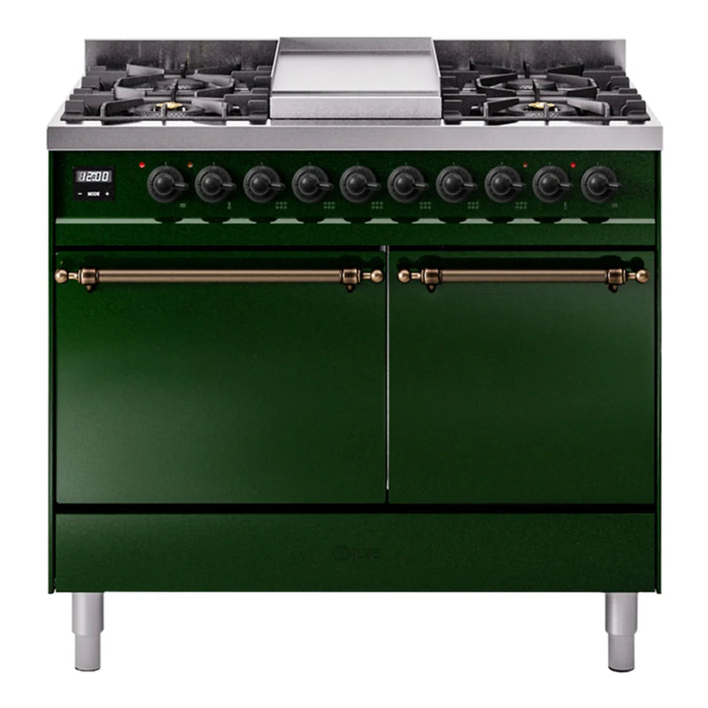 ILVE Nostalgie II 40" Dual Fuel Freestanding Range in Emerald Green with Burnished Trim, UPD40FQNMPEGBLP