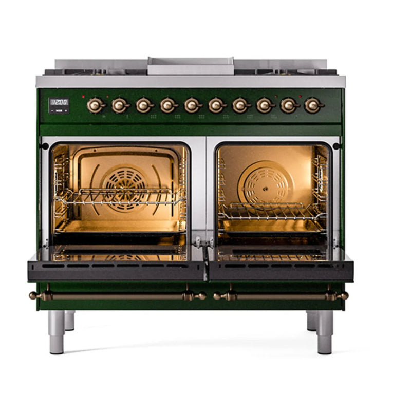 ILVE Nostalgie II 40" Dual Fuel Freestanding Range in Emerald Green with Burnished Trim, UPD40FQNMPEGBLP