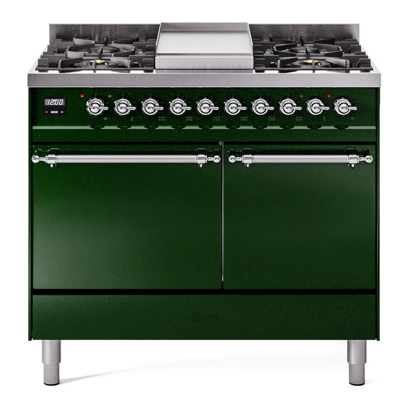 ILVE Nostalgie II 40" Dual Fuel Freestanding Range in Emerald Green with Chrome Trim, UPD40FQNMPEGCLP