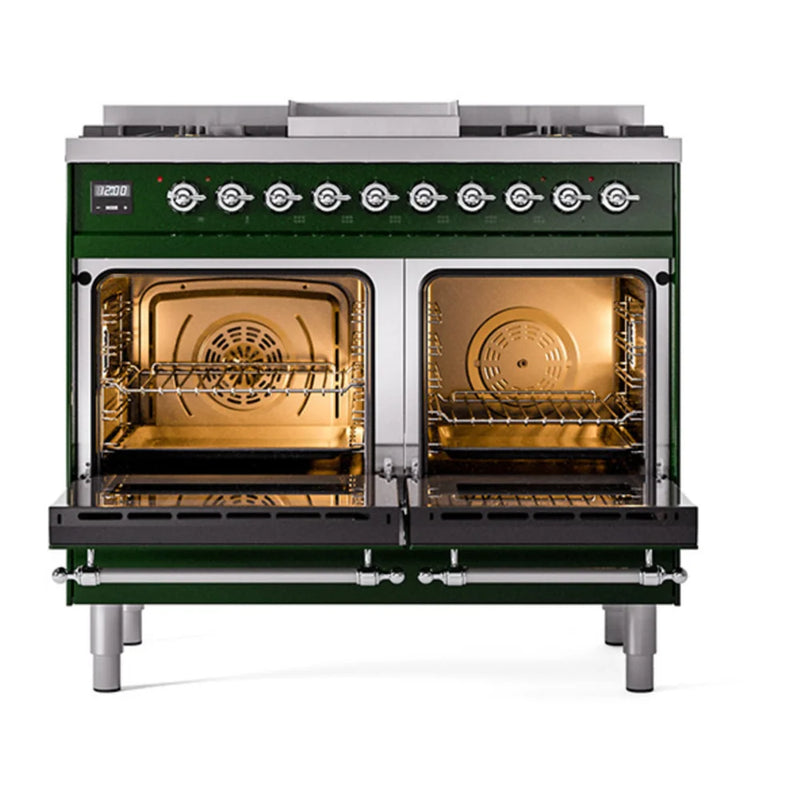 ILVE Nostalgie II 40" Dual Fuel Freestanding Range in Emerald Green with Chrome Trim, UPD40FQNMPEGC