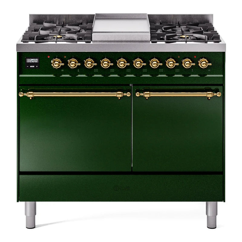 ILVE Nostalgie II 40" Dual Fuel Freestanding Range in Emerald Green with Brass Trim, UPD40FQNMPEGG