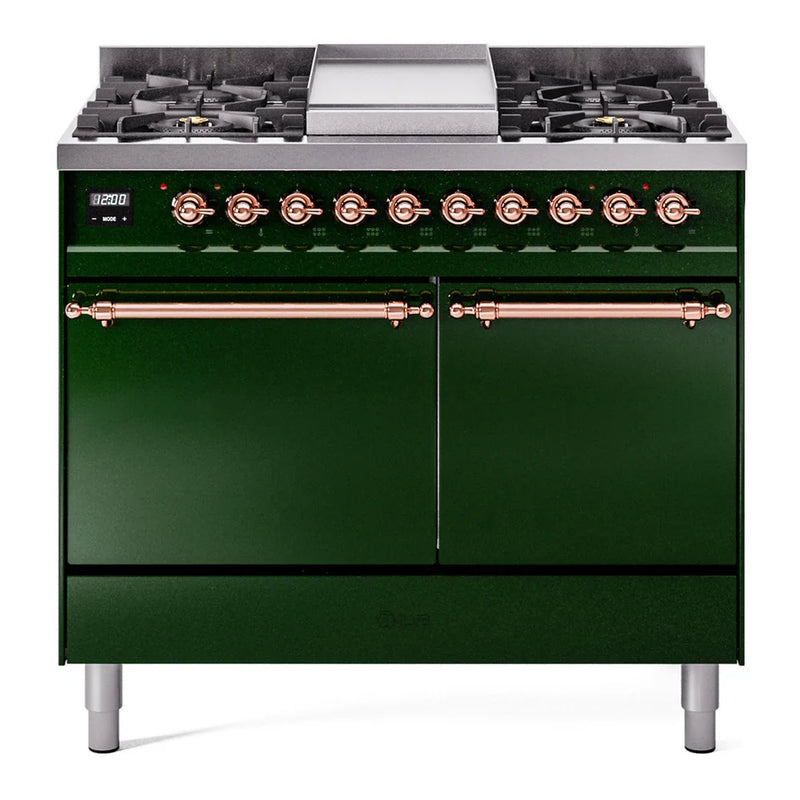 ILVE Nostalgie II 40" Dual Fuel Freestanding Range in Emerald Green with Copper Trim, UPD40FQNMPEGP