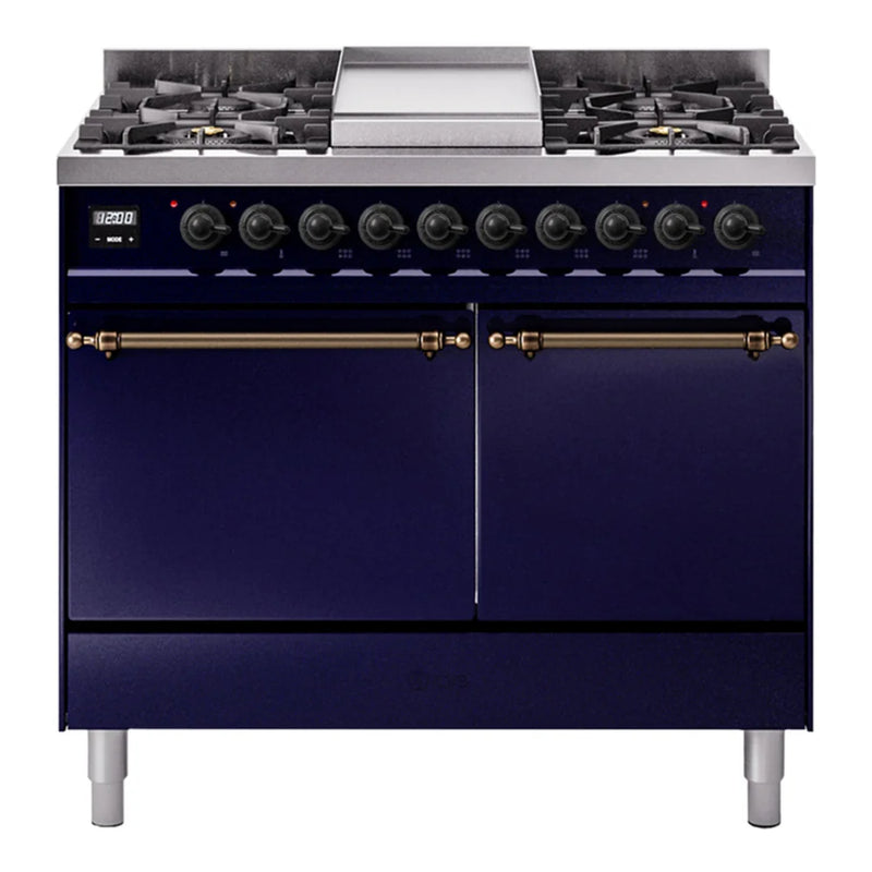 ILVE Nostalgie II 40" Dual Fuel Freestanding Range in Midnight Blue with Burnished Trim, UPD40FQNMPMBB