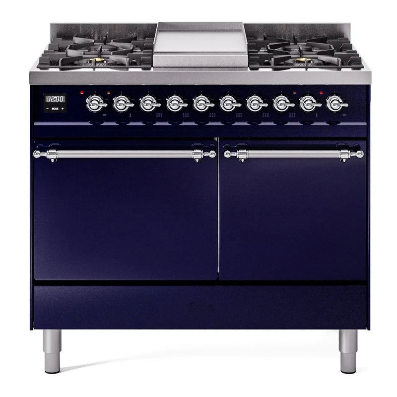 ILVE Nostalgie II 40" Dual Fuel Freestanding Range in Midnight Blue with Chrome Trim, UPD40FQNMPMBCLP