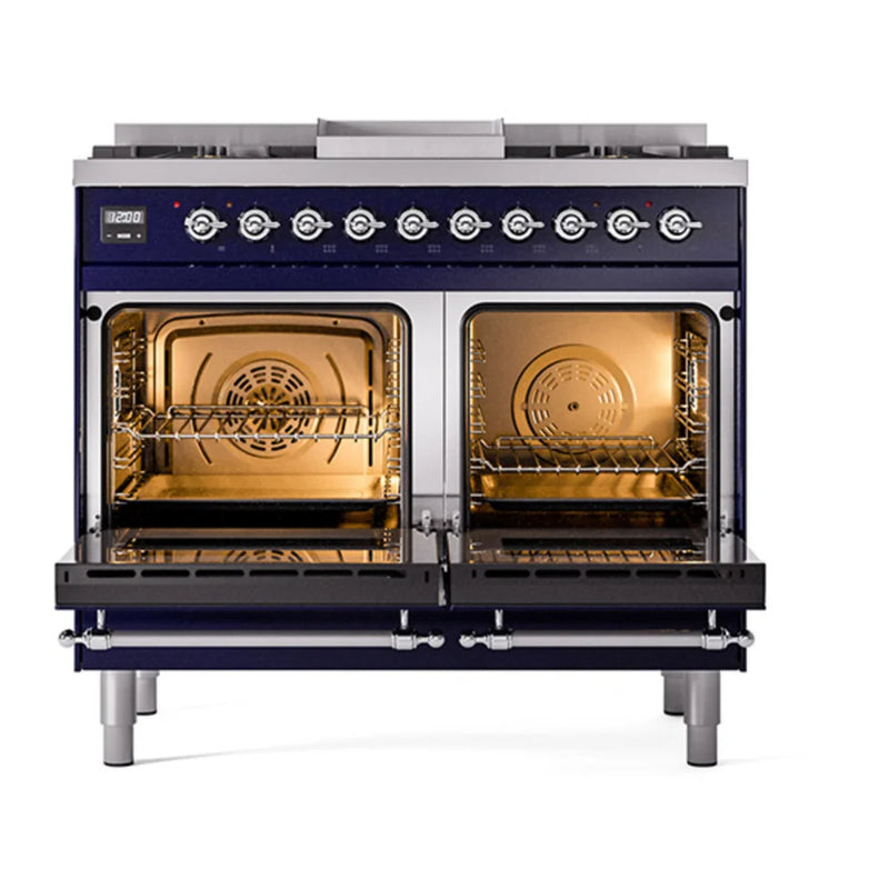 ILVE Nostalgie II 40" Dual Fuel Freestanding Range in Midnight Blue with Chrome Trim, UPD40FQNMPMBCLP