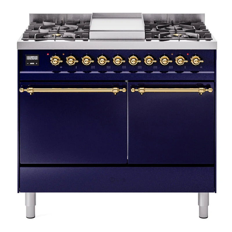ILVE Nostalgie II 40" Dual Fuel Freestanding Range in Midnight Blue with Brass Trim, UPD40FQNMPMBG