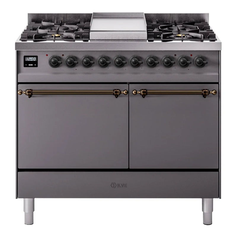ILVE Nostalgie II 40" Dual Fuel Freestanding Range in Graphite Matte with Burnished Trim, UPD40FQNMPMGB