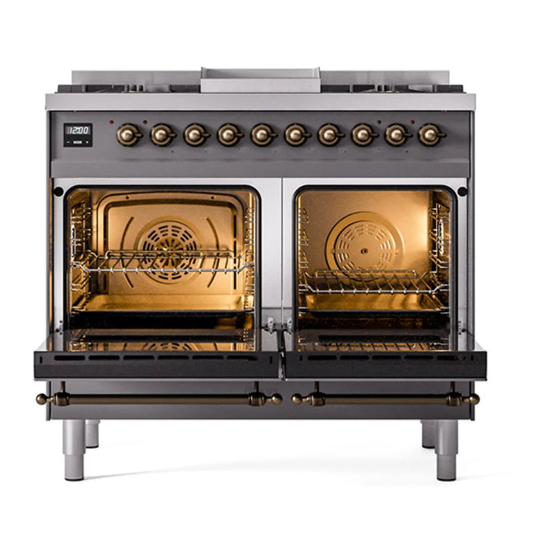 ILVE Nostalgie II 40" Dual Fuel Freestanding Range in Graphite Matte with Burnished Trim, UPD40FQNMPMGB