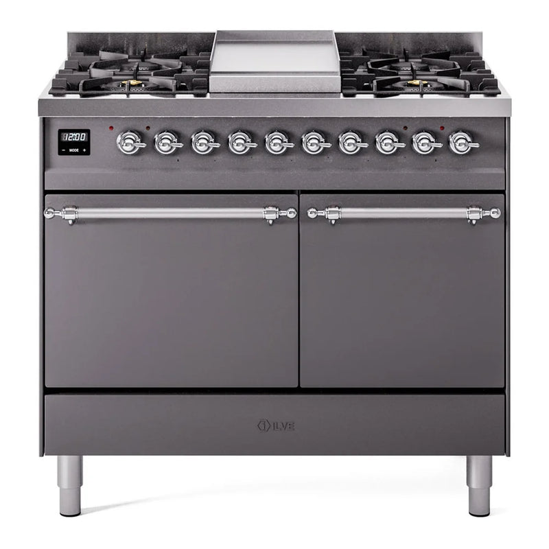ILVE Nostalgie II 40" Dual Fuel Freestanding Range in Graphite Matte with Chrome Trim, UPD40FQNMPMGCLP