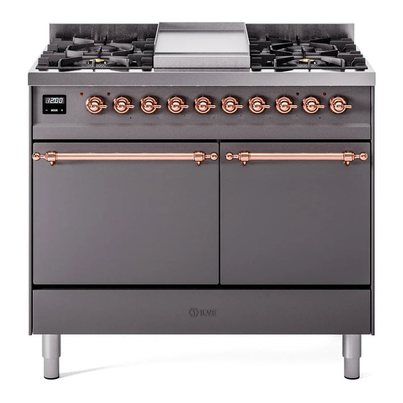 ILVE Nostalgie II 40" Dual Fuel Freestanding Range in Graphite Matte with Copper Trim, UPD40FQNMPMGPLP