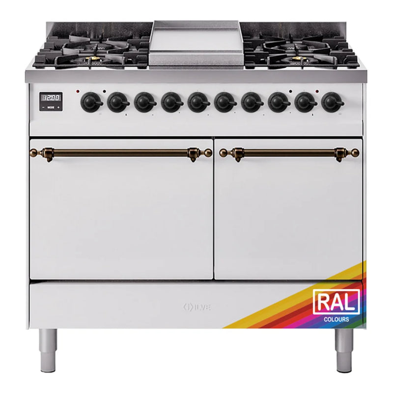 ILVE Nostalgie II 40" Dual Fuel Freestanding Range in RAL Color with Burnished Trim, UPD40FQNMPRABLP