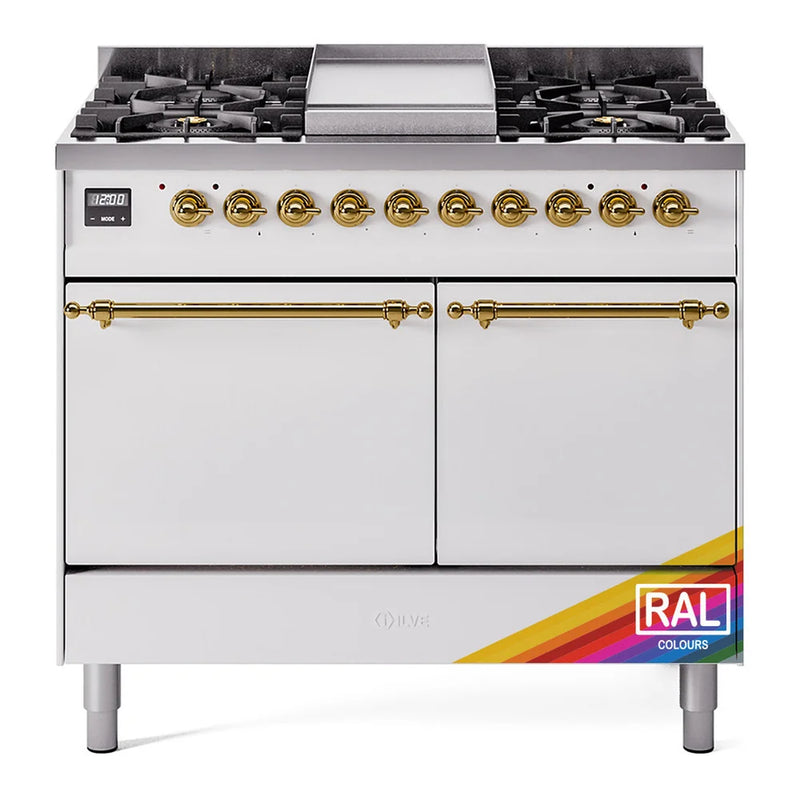 ILVE Nostalgie II 40" Dual Fuel Freestanding Range in RAL Color with Brass Trim, UPD40FQNMPRAG